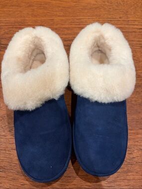 Women's Navy Suede Slippers with Cream Shearling Collar